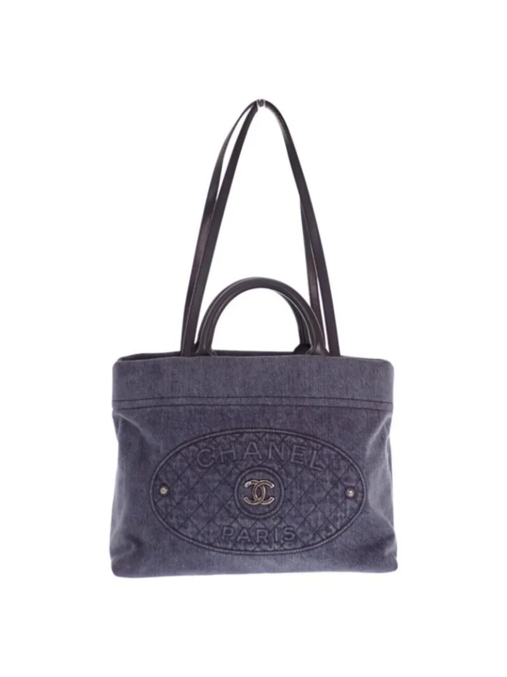 Chanel CC Logo Quilted Tote Bag Denim Leather Black Silver